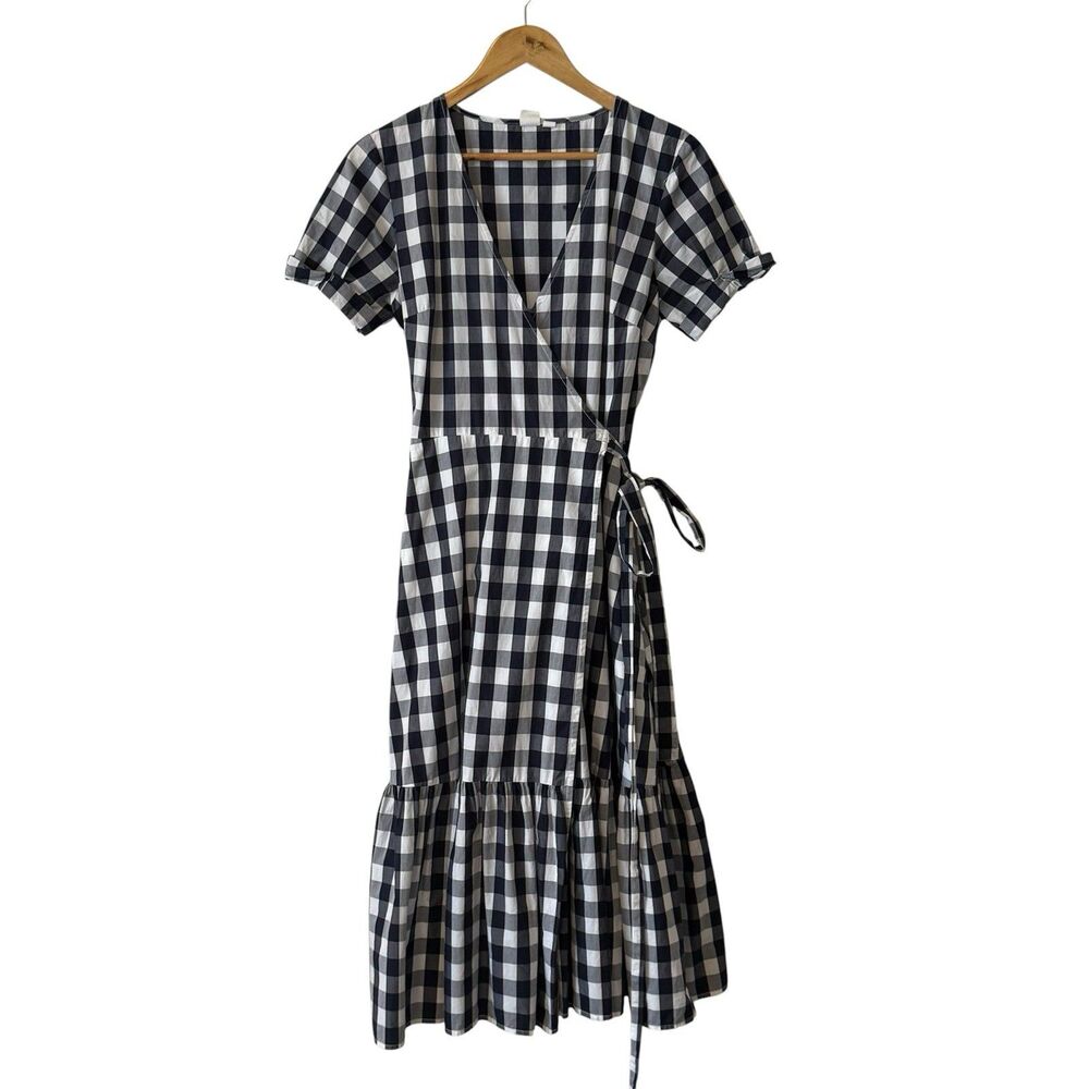 GAP Navy White Gingham Wrap Midi Dress Cotton Ruffle Hem Women’s Small - Picture 2 of 10